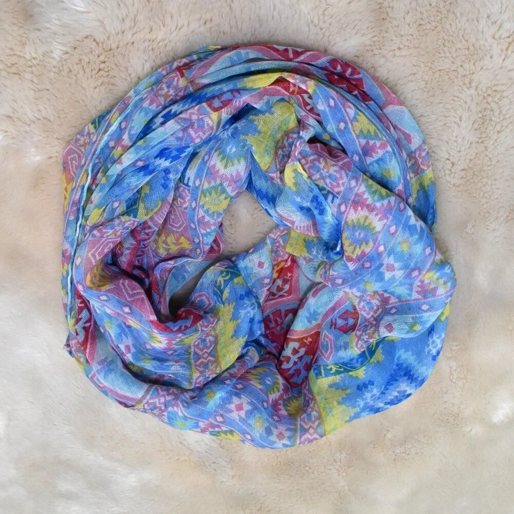 Colorful Boho Eternity Scarf Blue Pink Yellow Semi Sheer Wrap